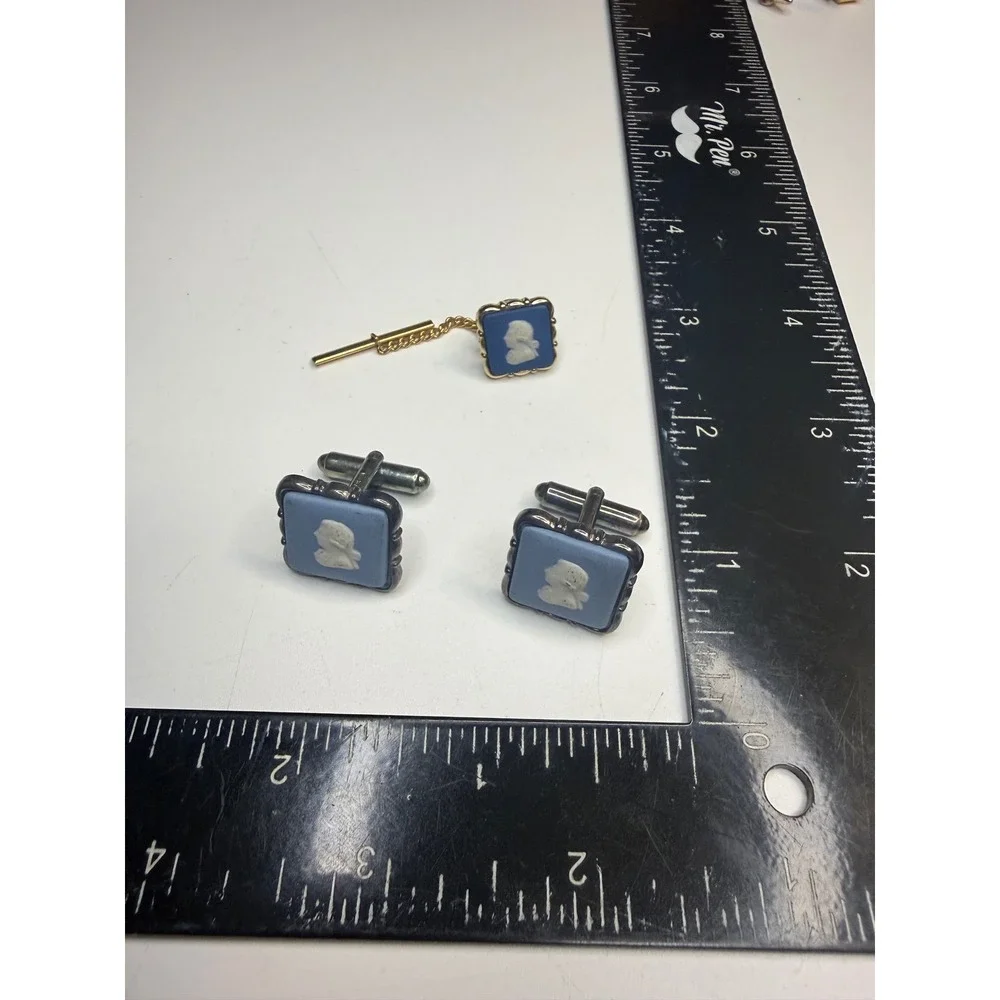 Wedgwood Blue Jasperware Sterling Silver Cufflinks and Tie Tack Set Birmingham